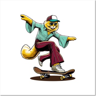 Retro Cat Skateboarder - Vintage Style Illustration Posters and Art